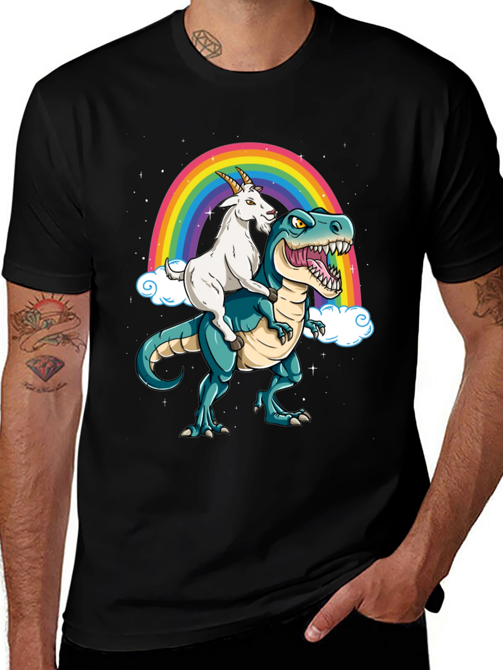 Goat Riding Dinosaur Rainbow T-Shirt