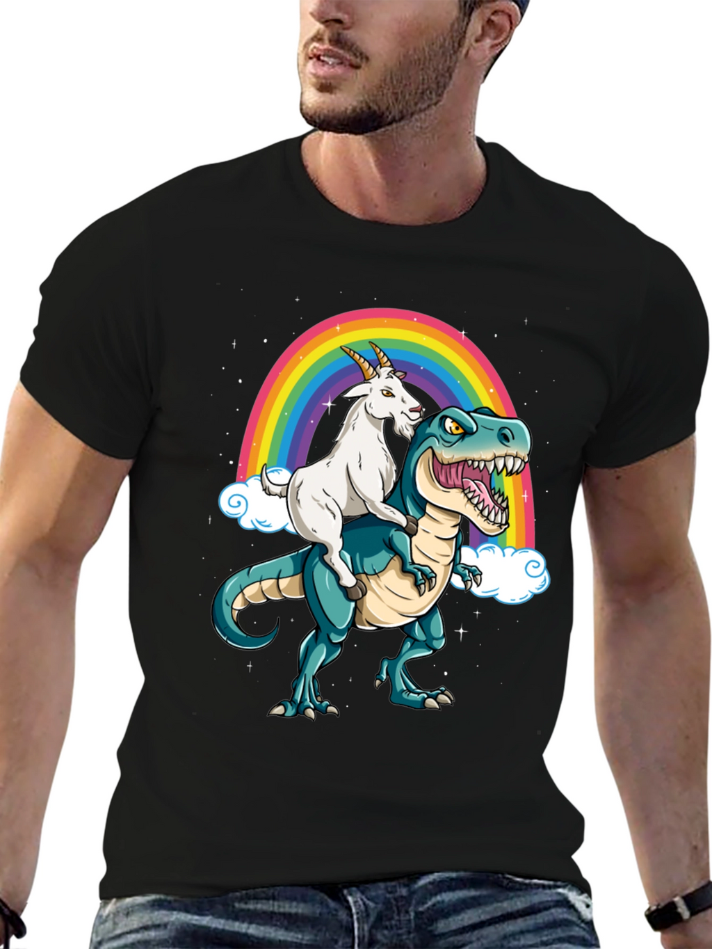 Goat Riding Dinosaur Rainbow T-Shirt