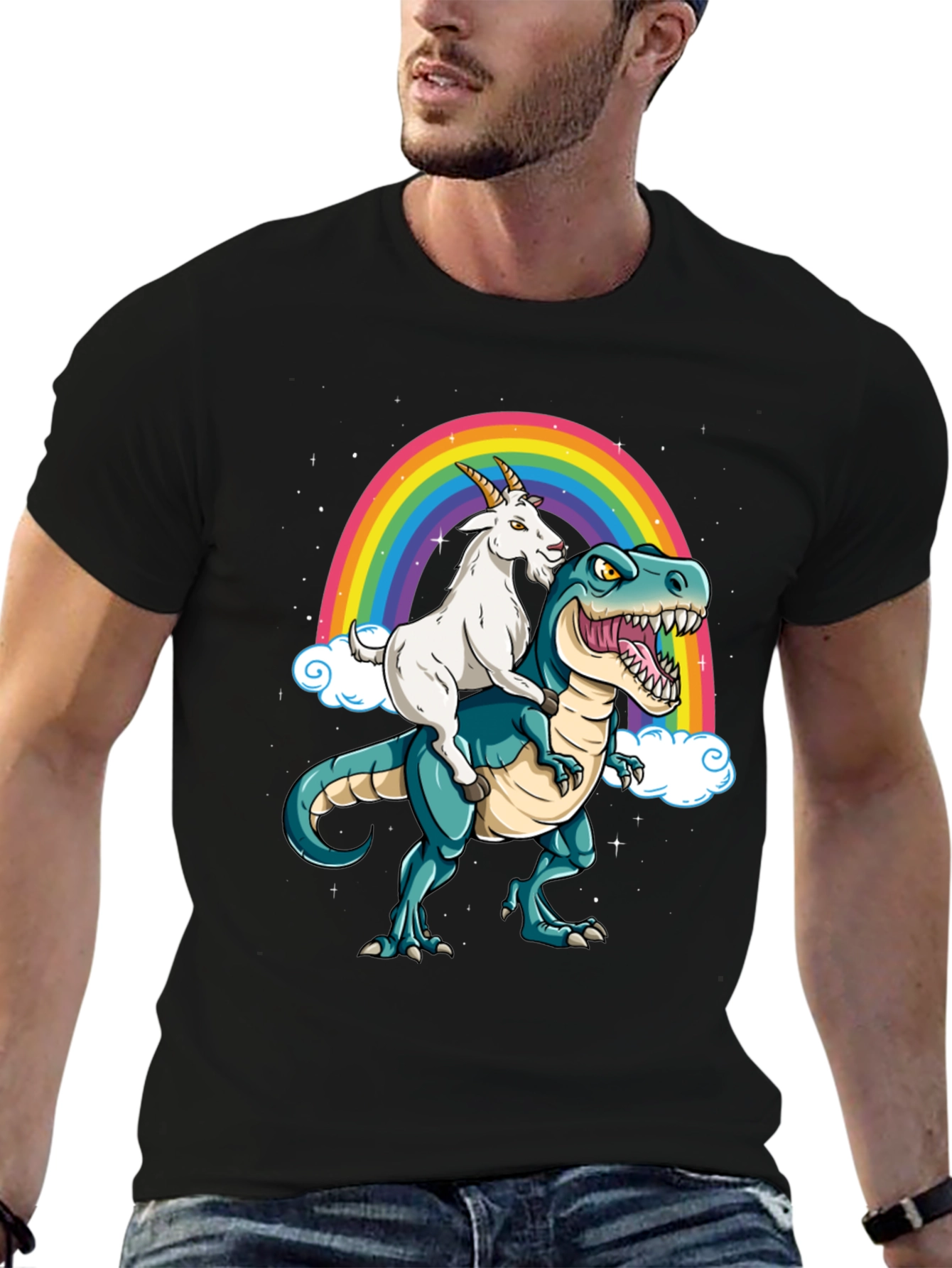 Goat Riding Dinosaur Rainbow T-Shirt