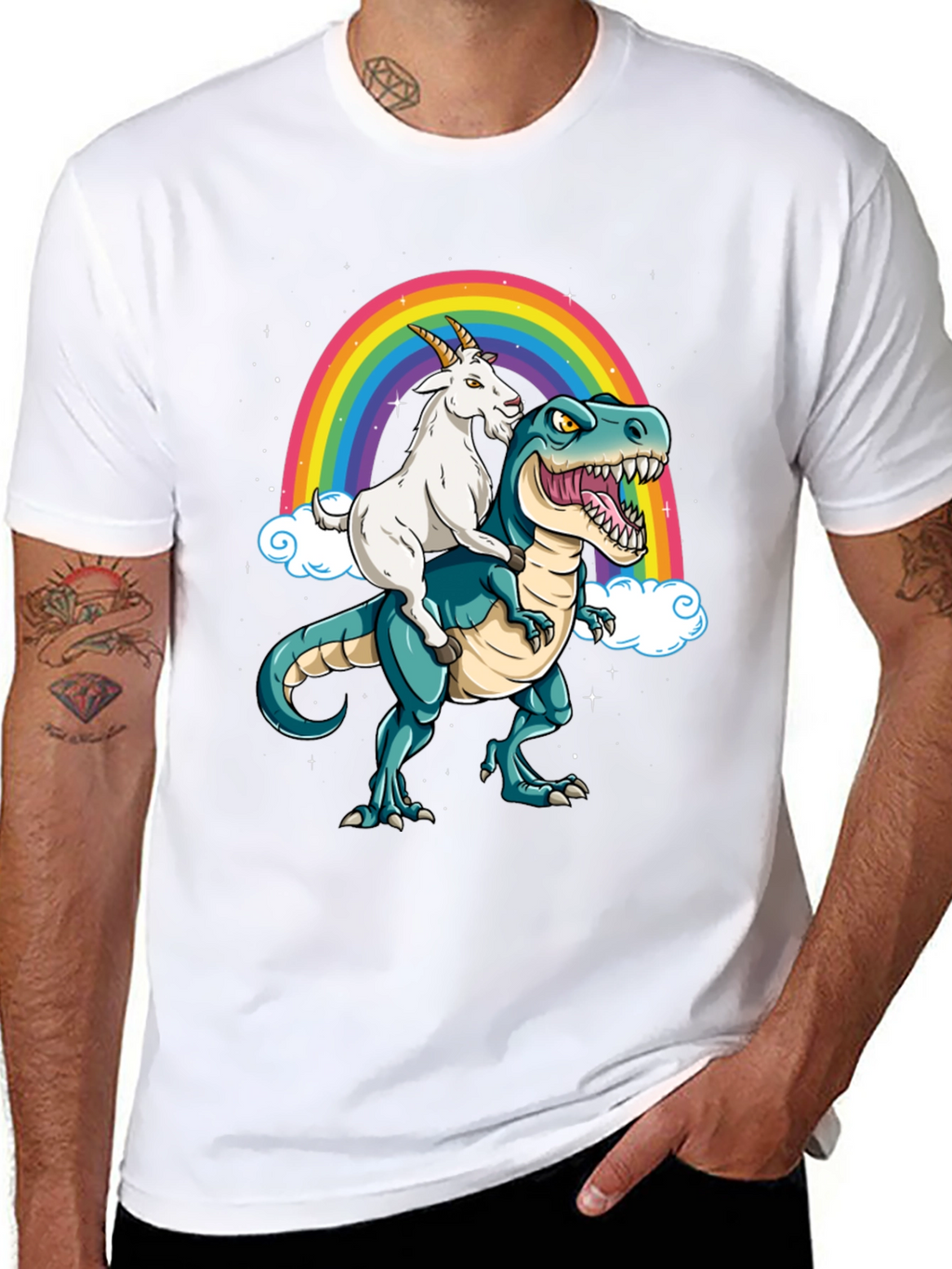 Goat Riding Dinosaur Rainbow T-Shirt