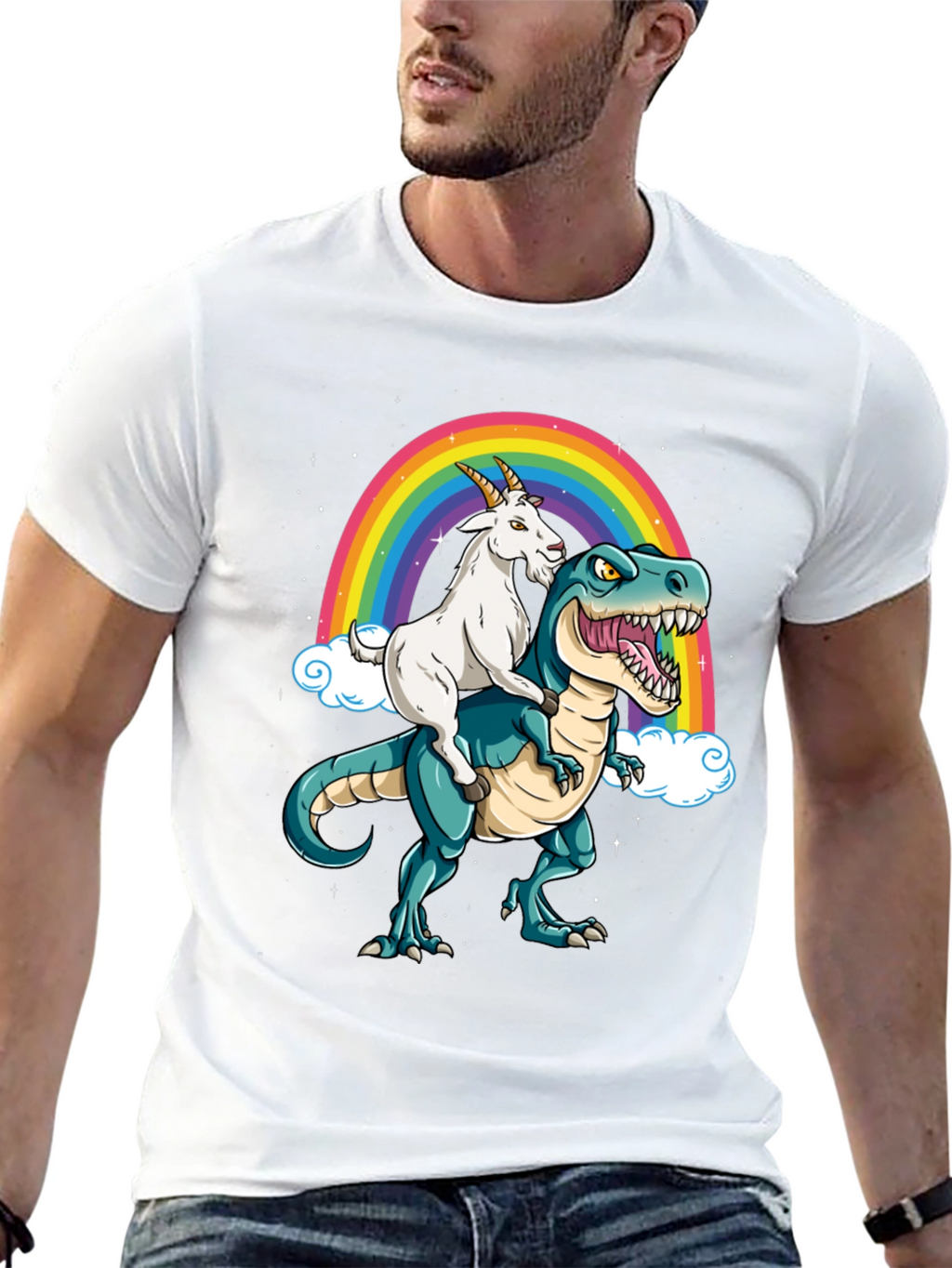 Goat Riding Dinosaur Rainbow T-Shirt