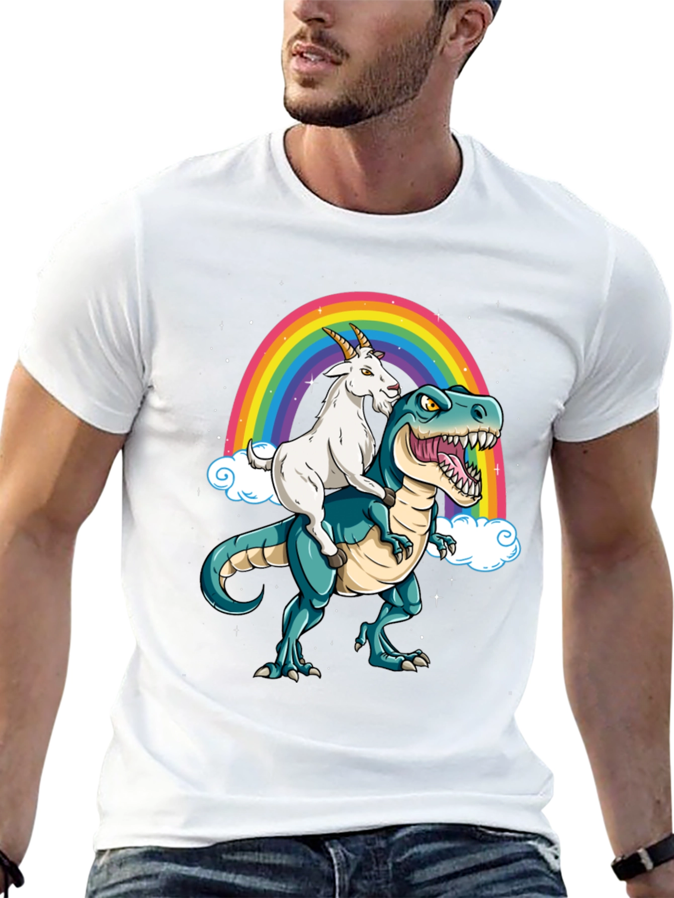 Goat Riding Dinosaur Rainbow T-Shirt