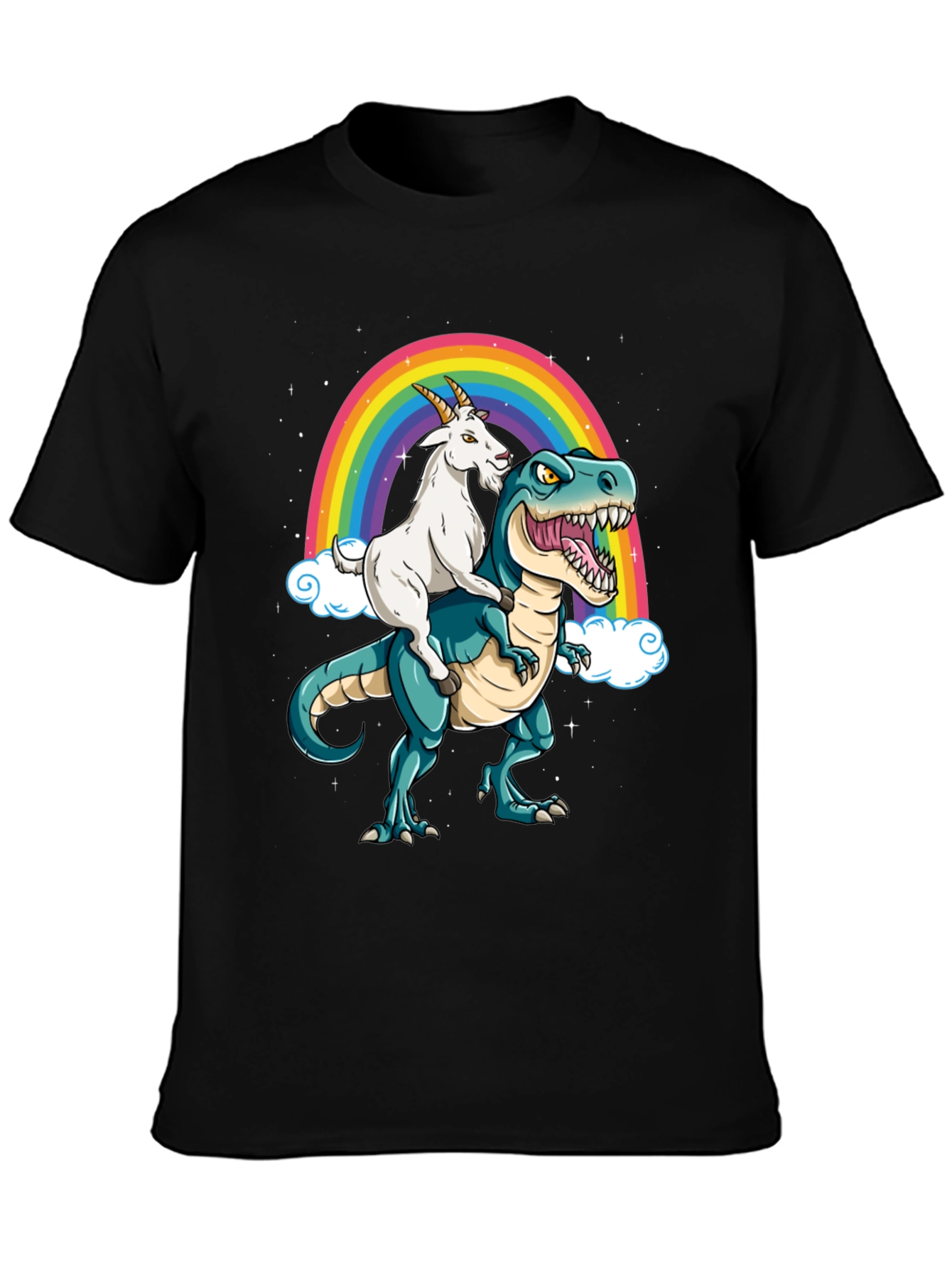 Goat Riding Dinosaur Rainbow T-Shirt