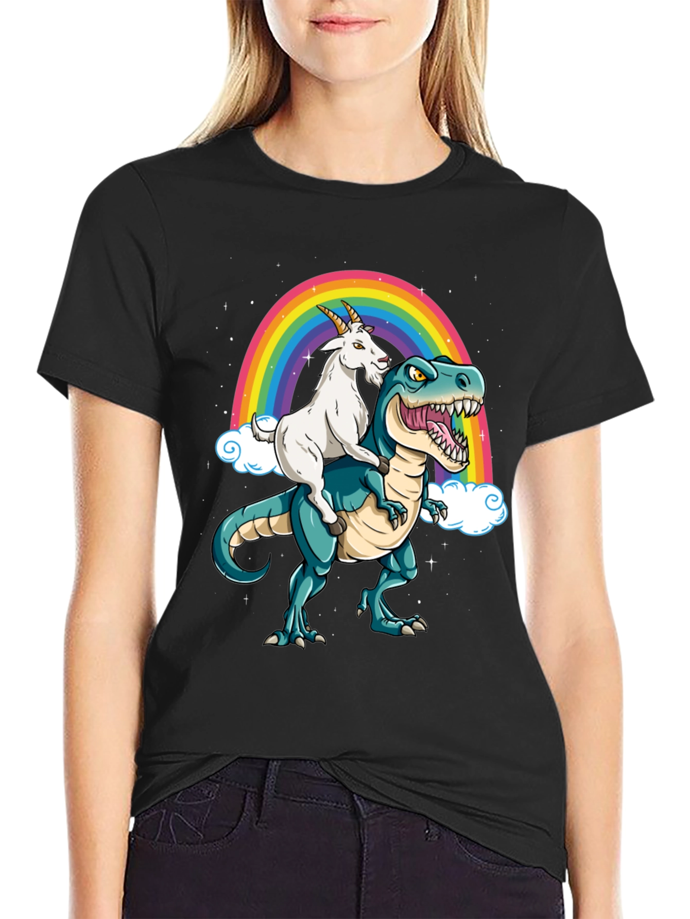 Goat Riding Dinosaur Rainbow T-Shirt
