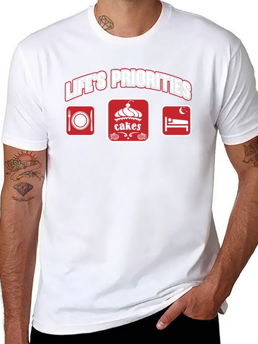 Lifes Priorities T-Shirt - Food Cakes Sleep