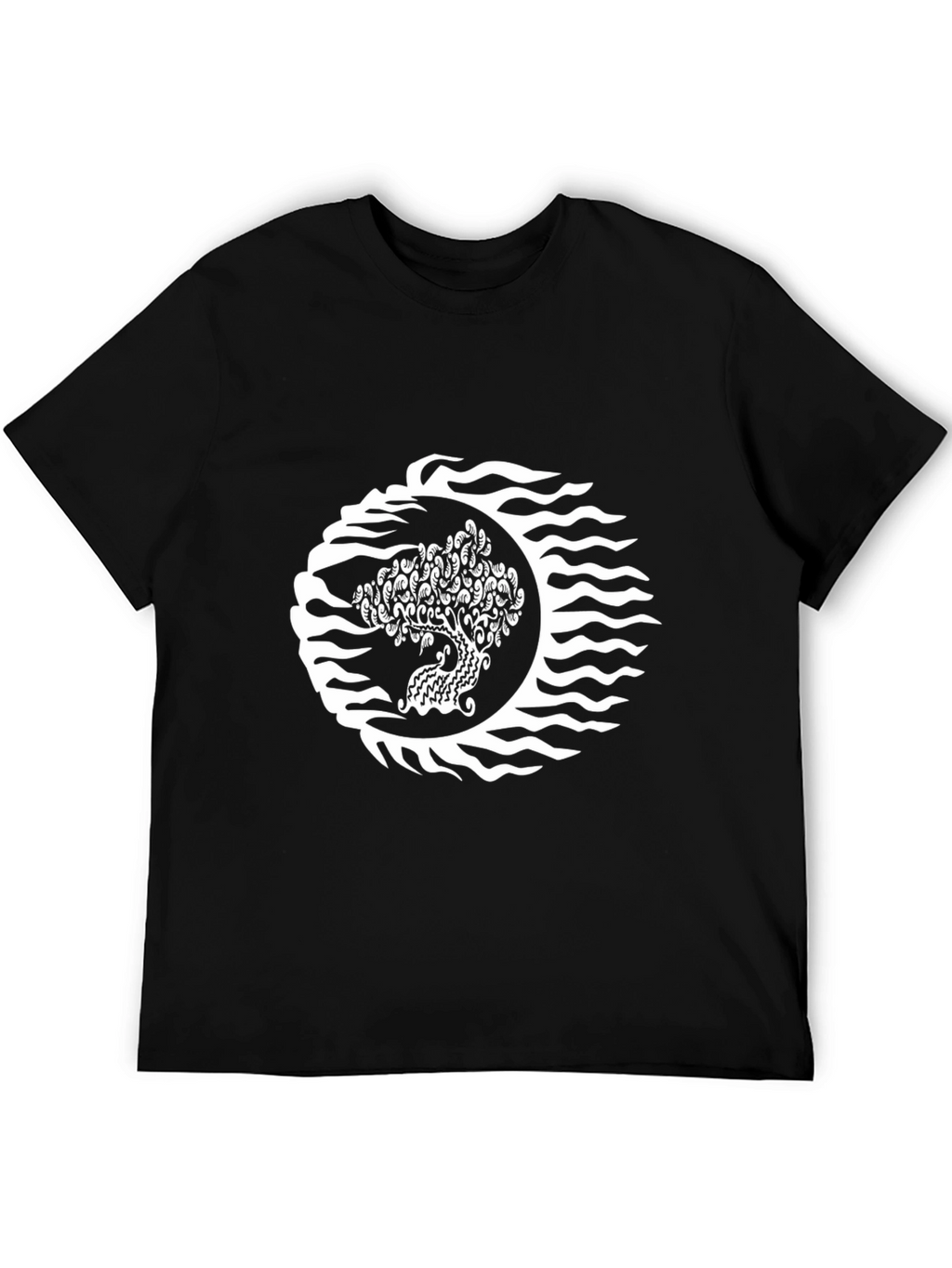 Black T-Shirt with Tree & Wave Graphic Design