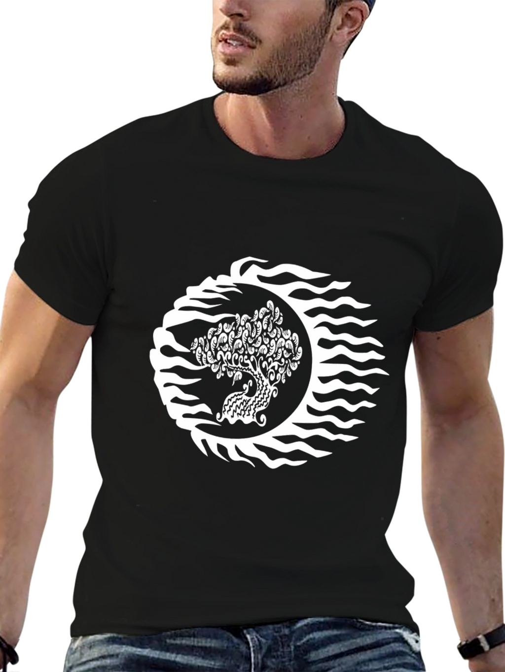 Black T-Shirt with Tree & Wave Graphic Design