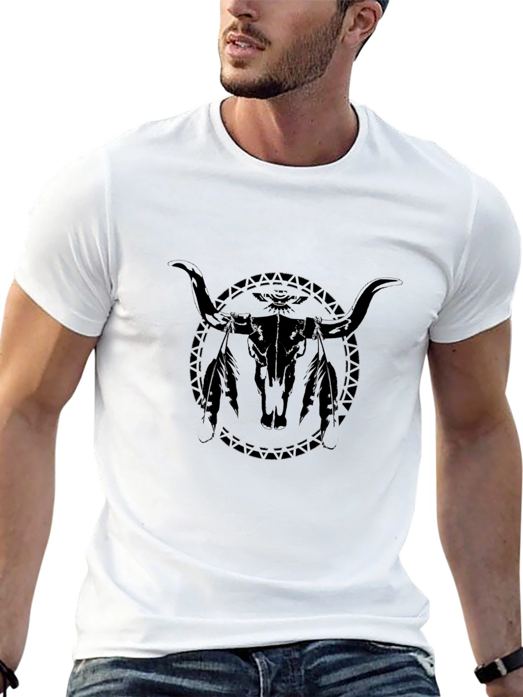 Black Bull Skull Graphic Tee - Western Style