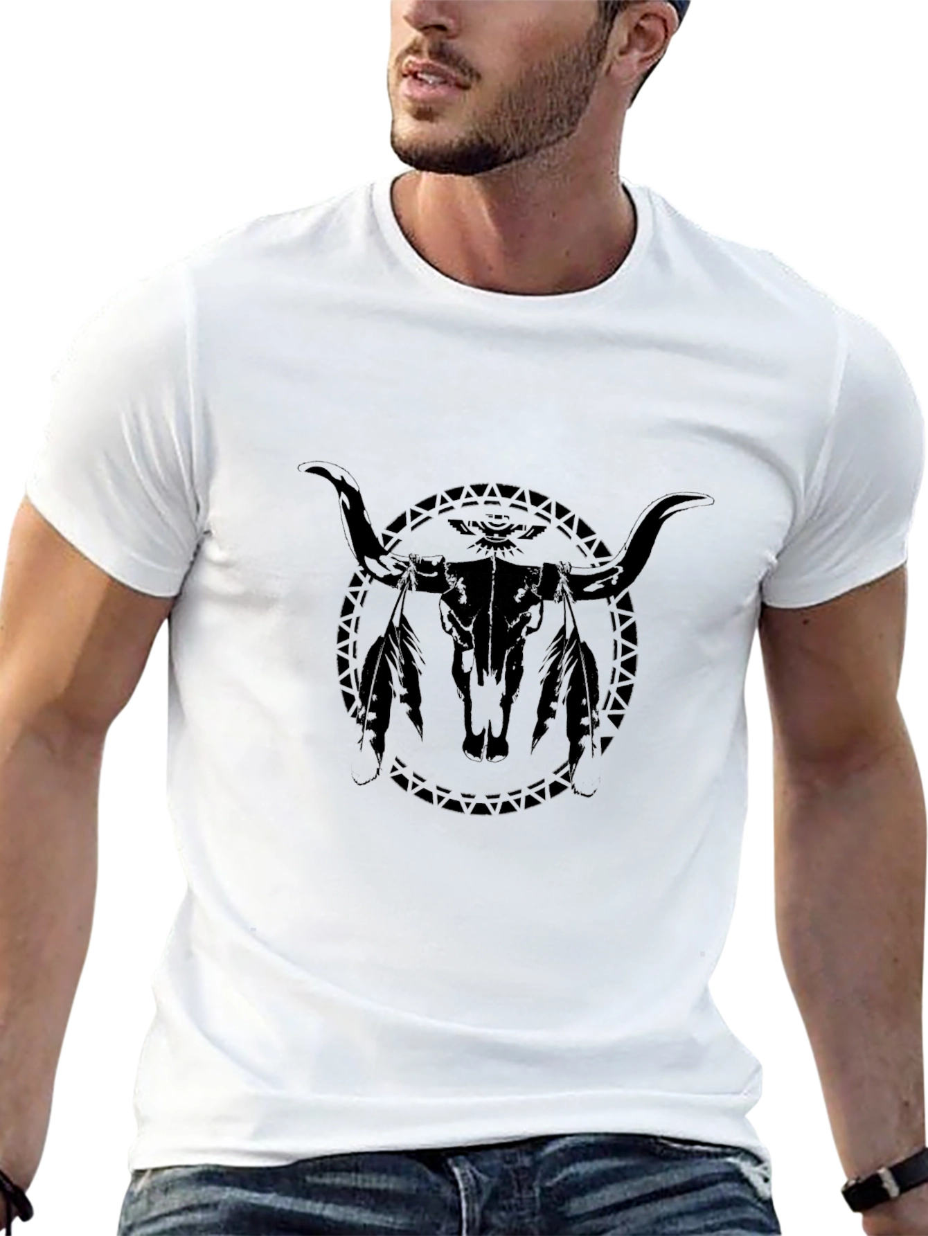 Black Bull Skull Graphic Tee - Western Style