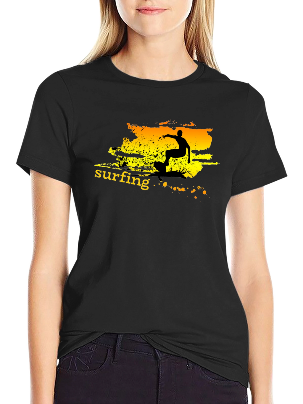 Surfing Graphic Tee - Black Cotton T-Shirt