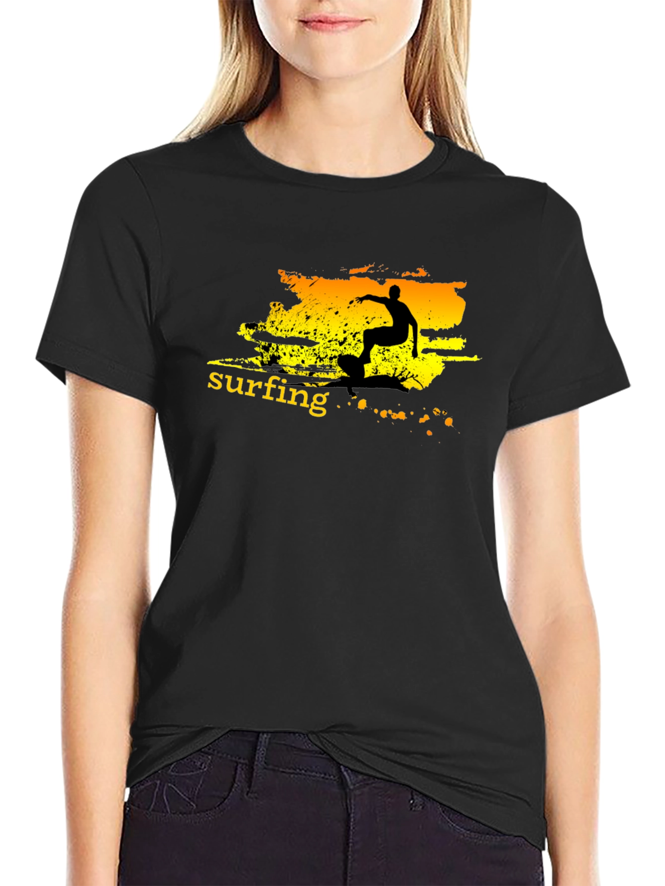 Surfing Graphic Tee - Black Cotton T-Shirt