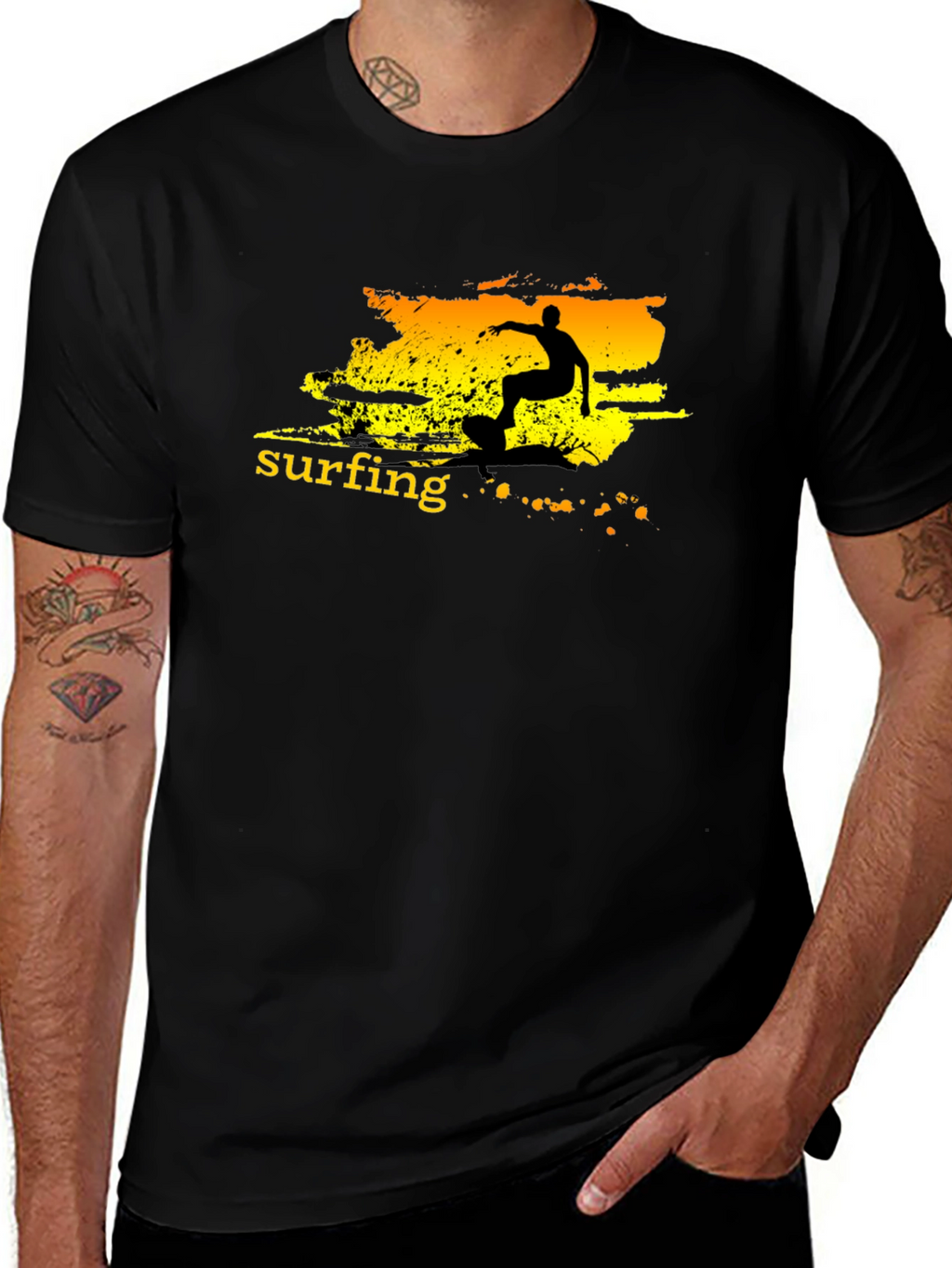 Surfing Graphic Tee - Black Cotton T-Shirt