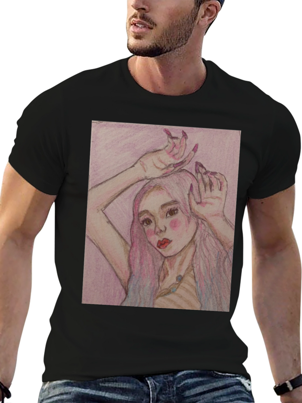 Artistic Woman Graphic Print Black T-Shirt