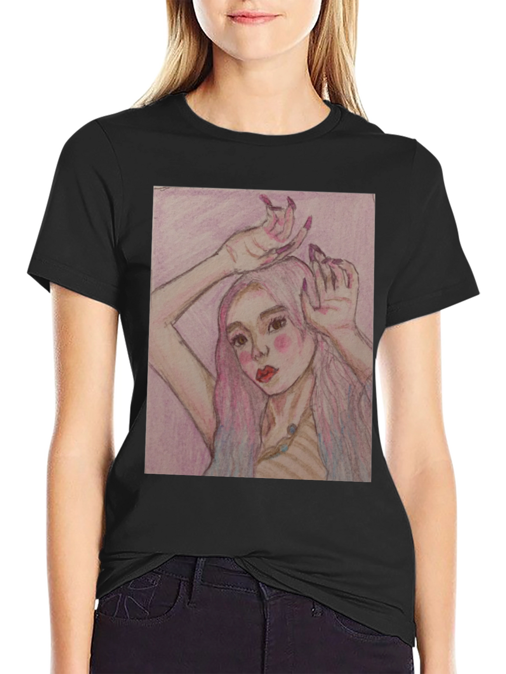 Artistic Woman Graphic Print Black T-Shirt