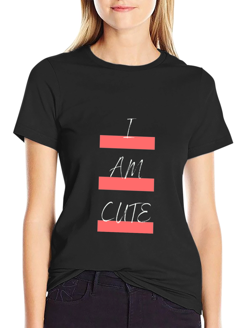 I Am Cute Graphic Print Black T-Shirt
