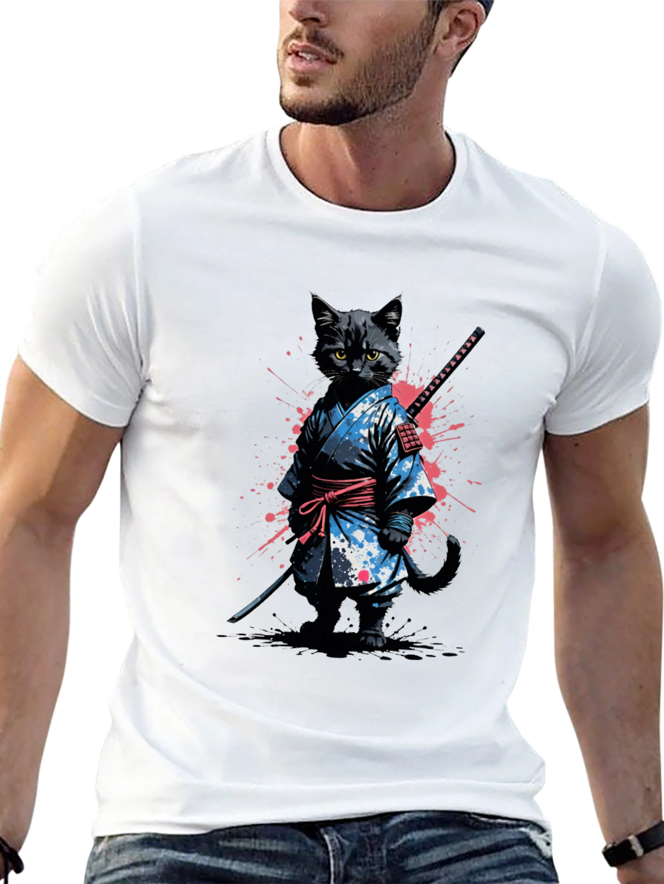Samurai Cat T-Shirt - Black Graphic Tee
