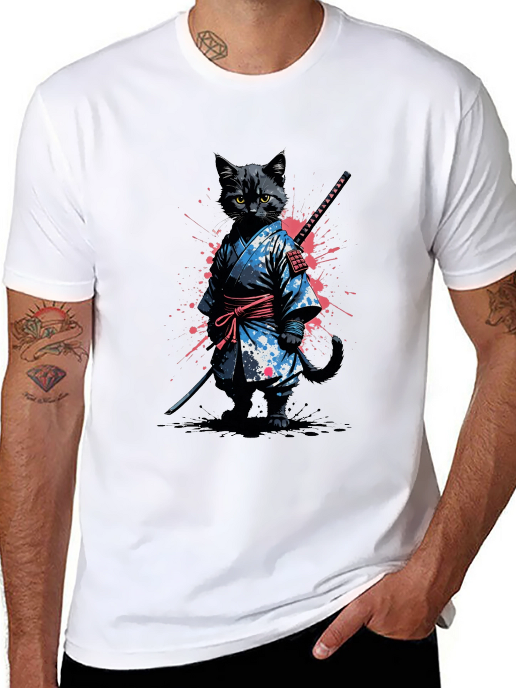 Samurai Cat T-Shirt - Black Graphic Tee