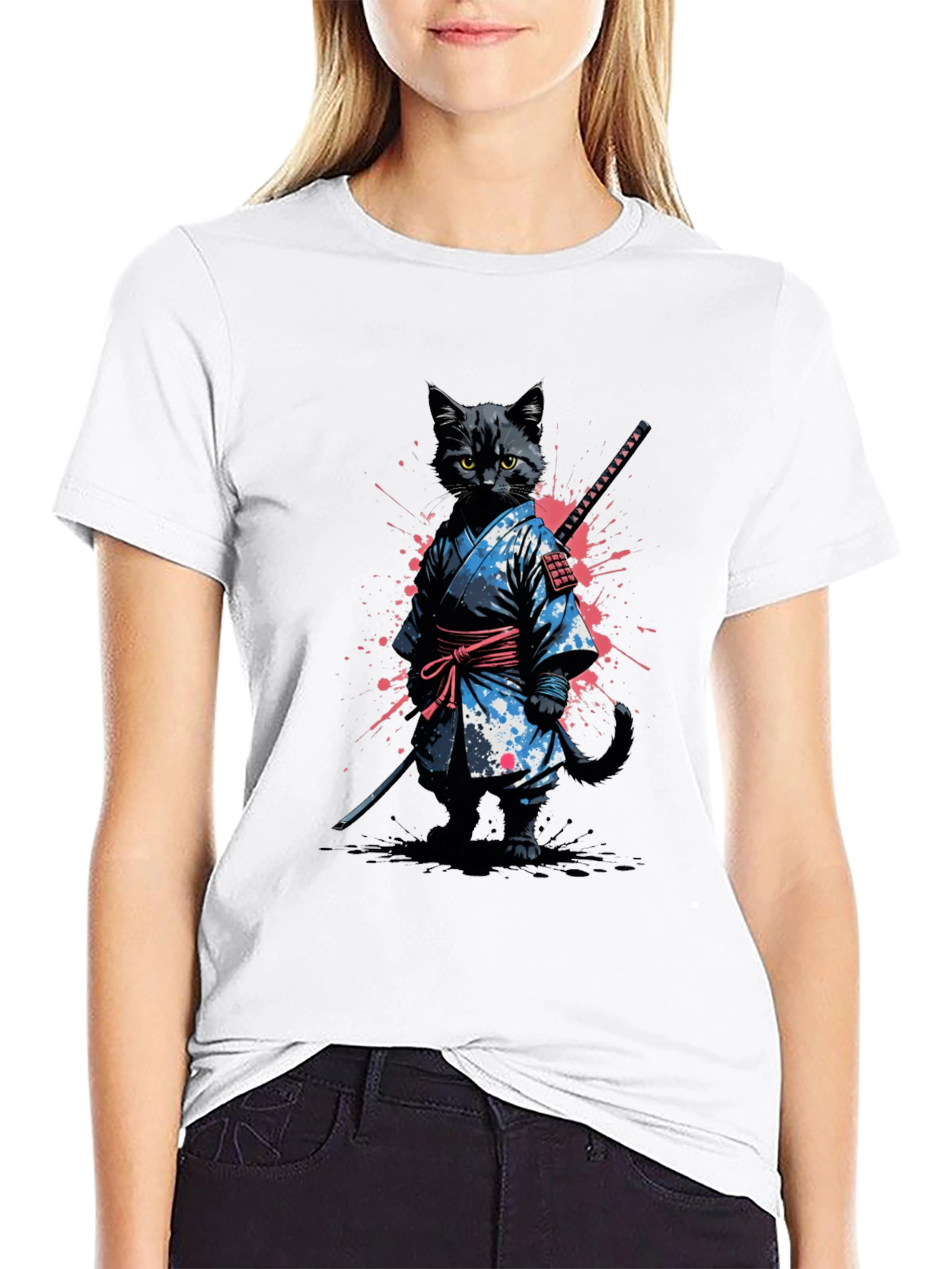 Samurai Cat T-Shirt - Black Graphic Tee