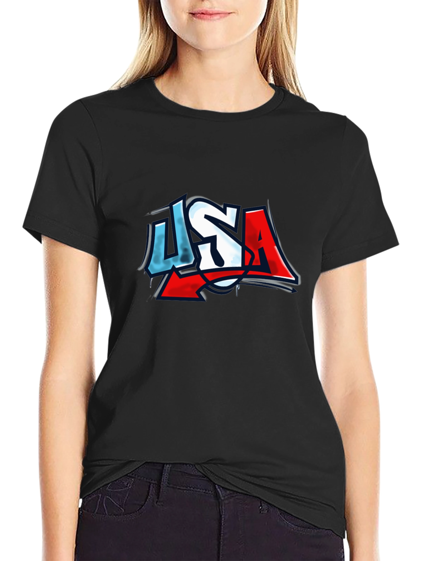 USA Graffiti Graphic Print Black T-Shirt