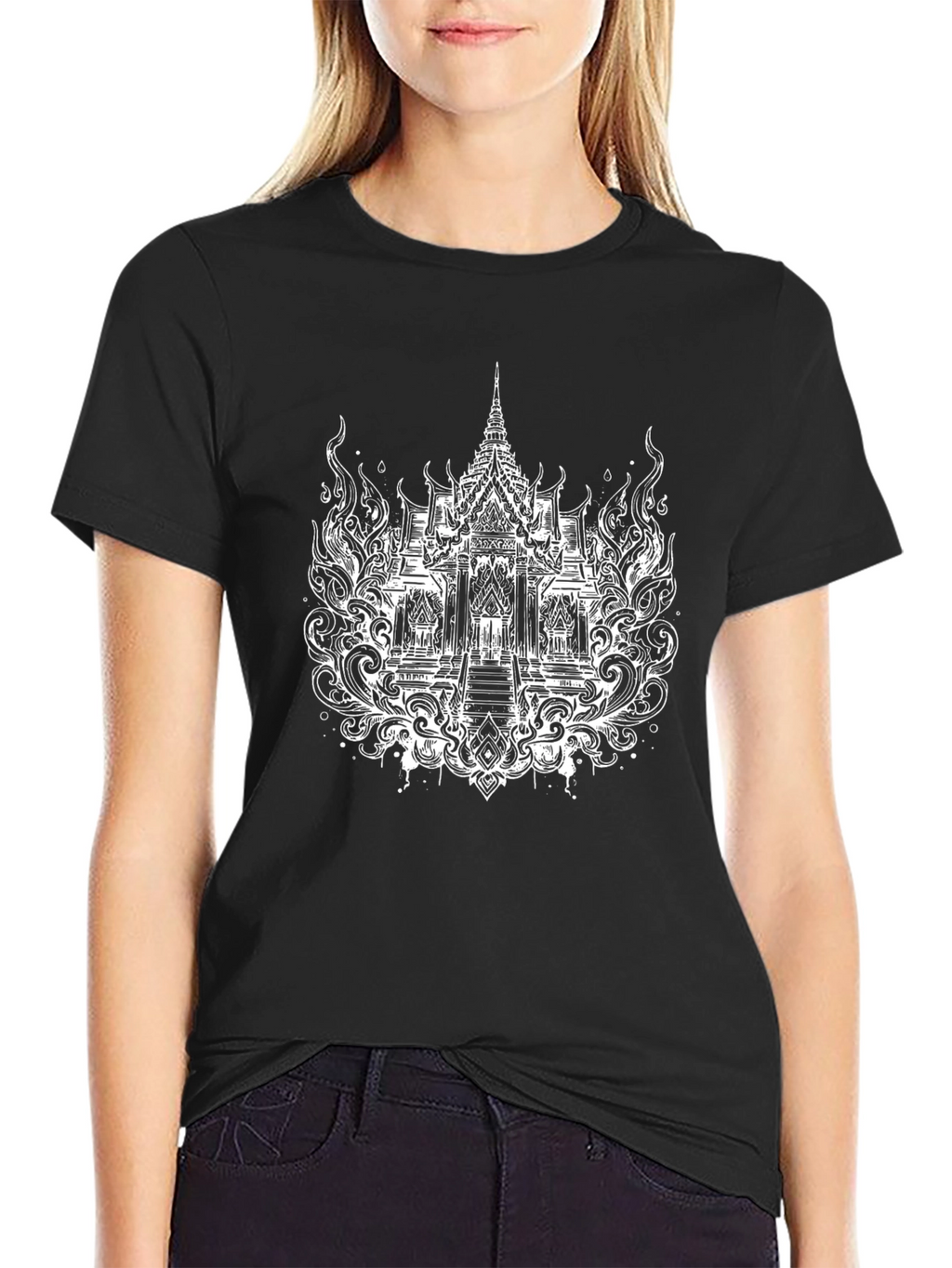 Thai Temple Graphic Tee - Black Cotton T-Shirt
