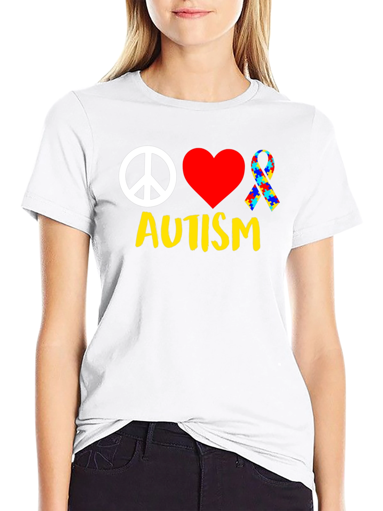 Autism Awareness Peace Love Puzzle Ribbon T-Shirt