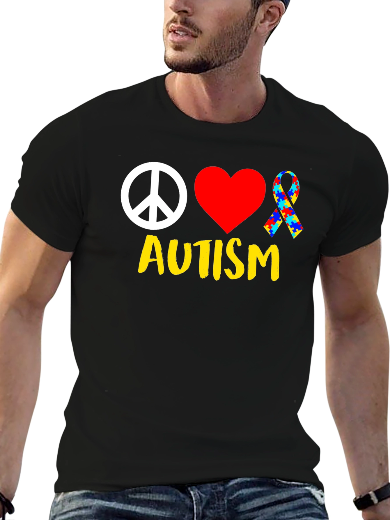 Autism Awareness Peace Love Puzzle Ribbon T-Shirt