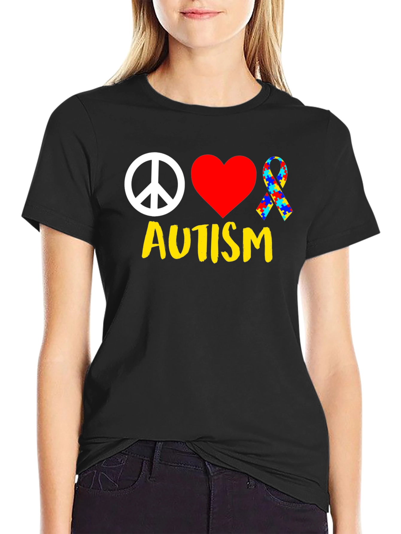 Autism Awareness Peace Love Puzzle Ribbon T-Shirt