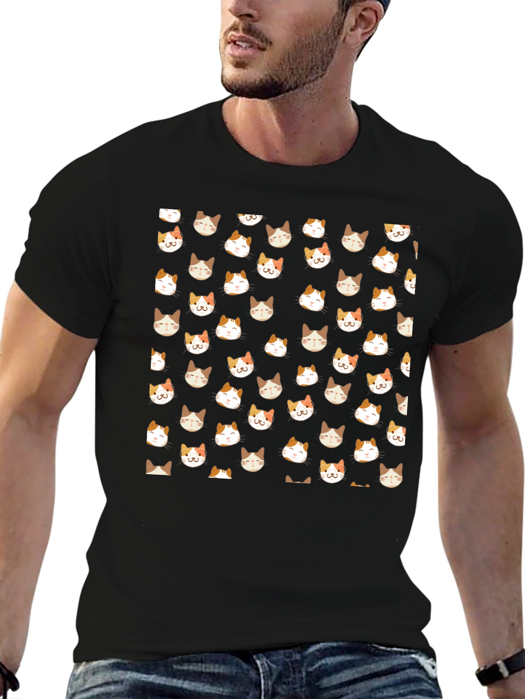 Black T-Shirt with Cat Pattern