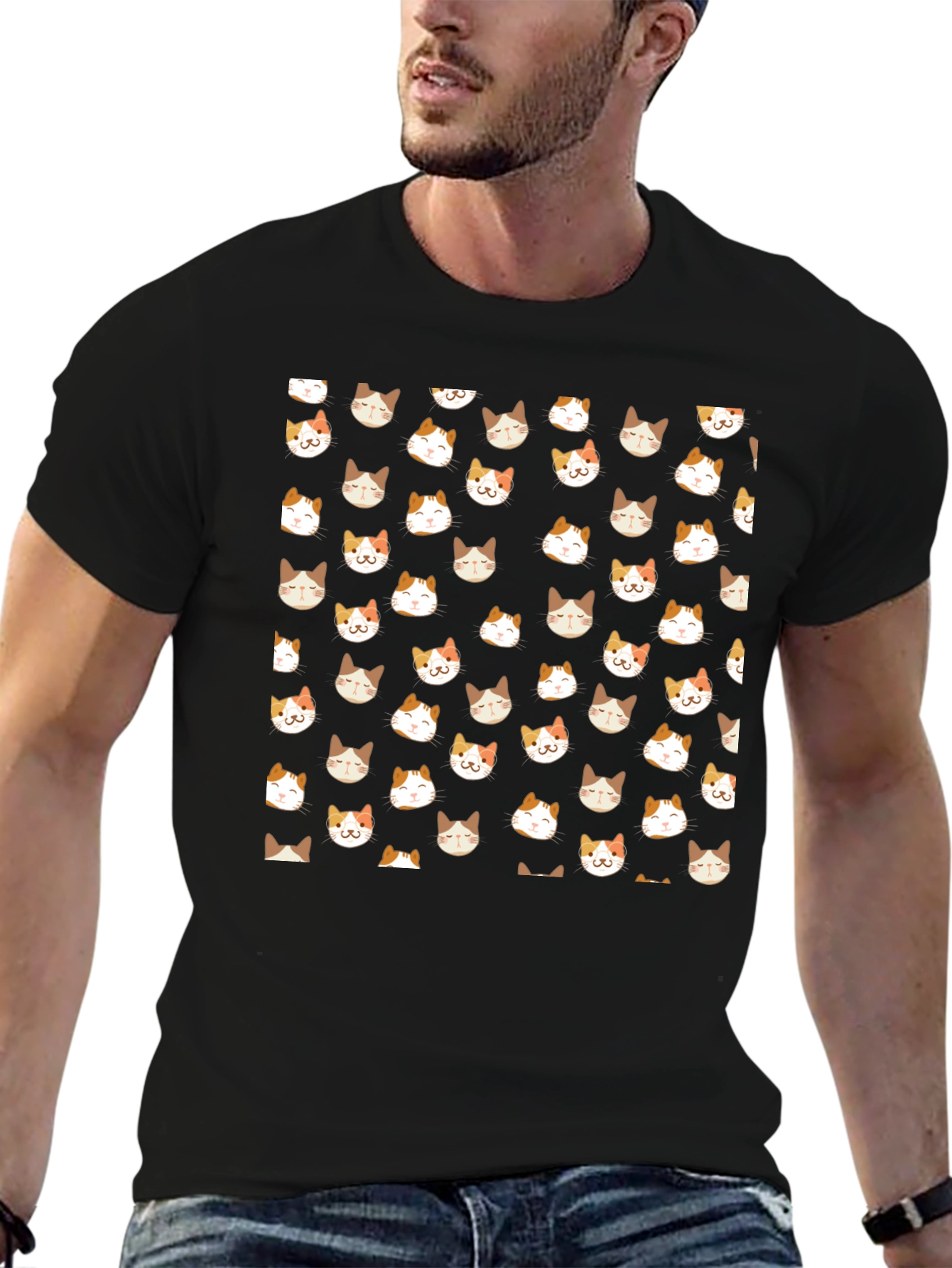 Black T-Shirt with Cat Pattern