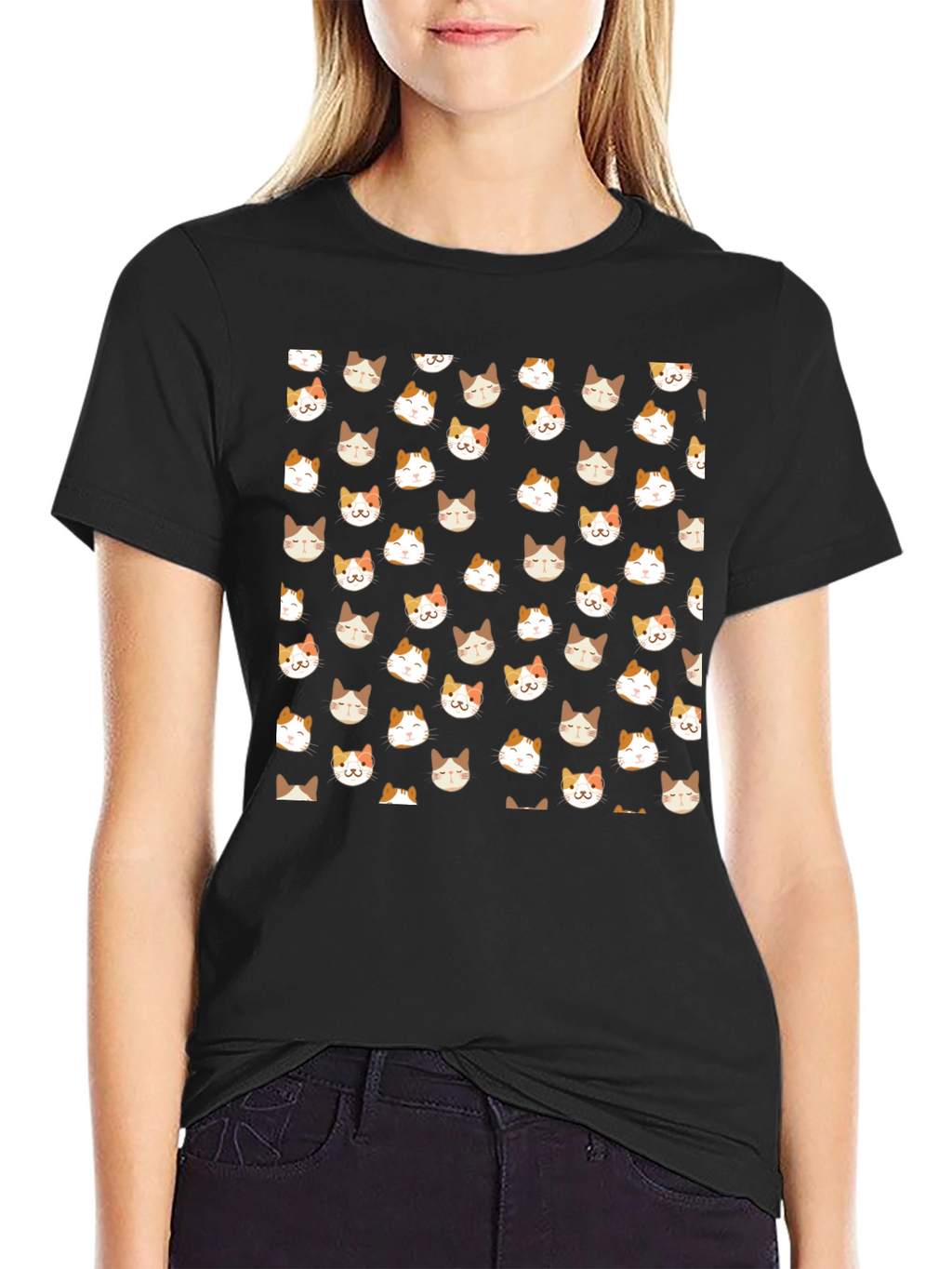 Black T-Shirt with Cat Pattern