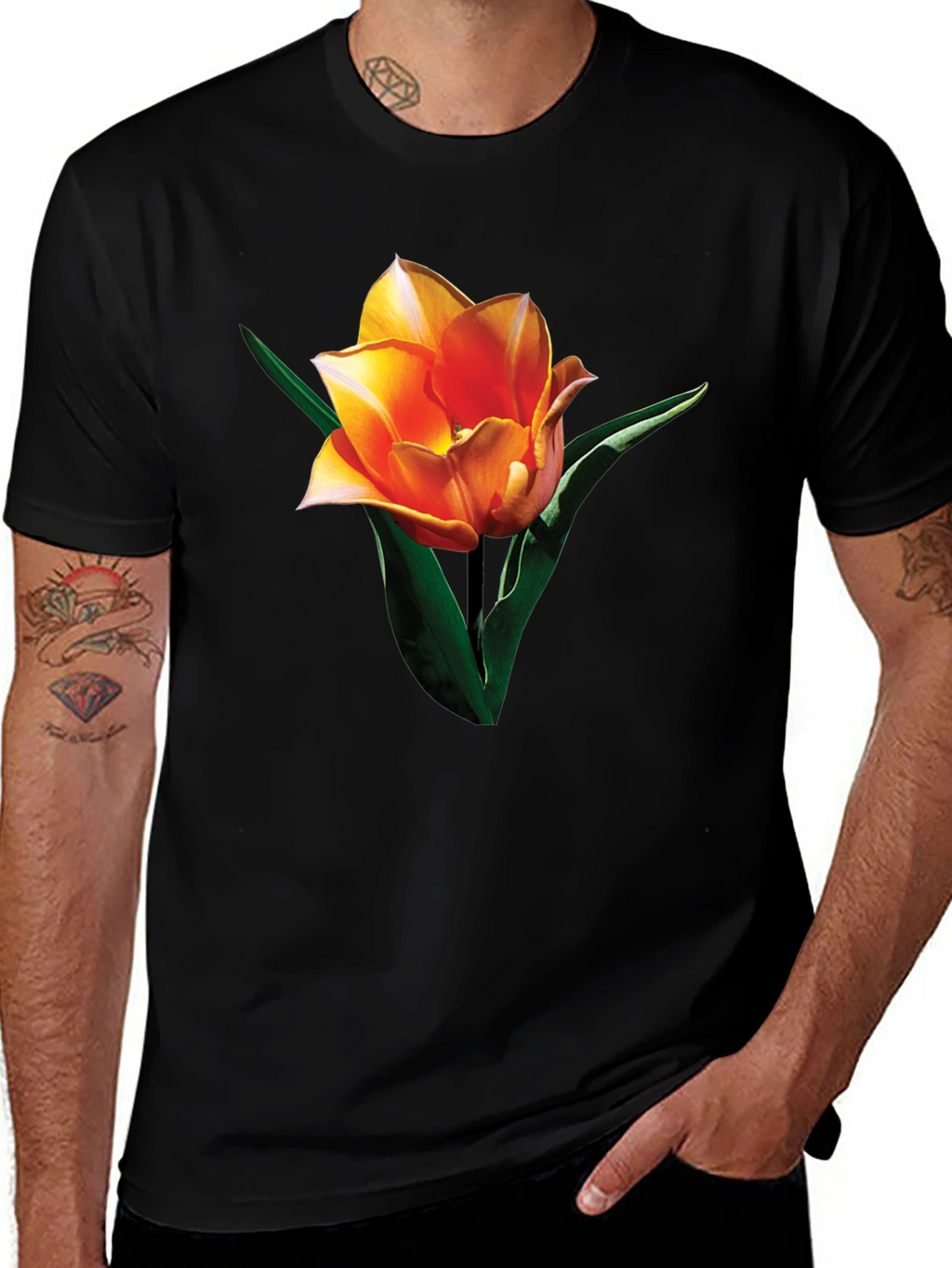 Black Tulip Graphic Tee - Stylish Floral Print