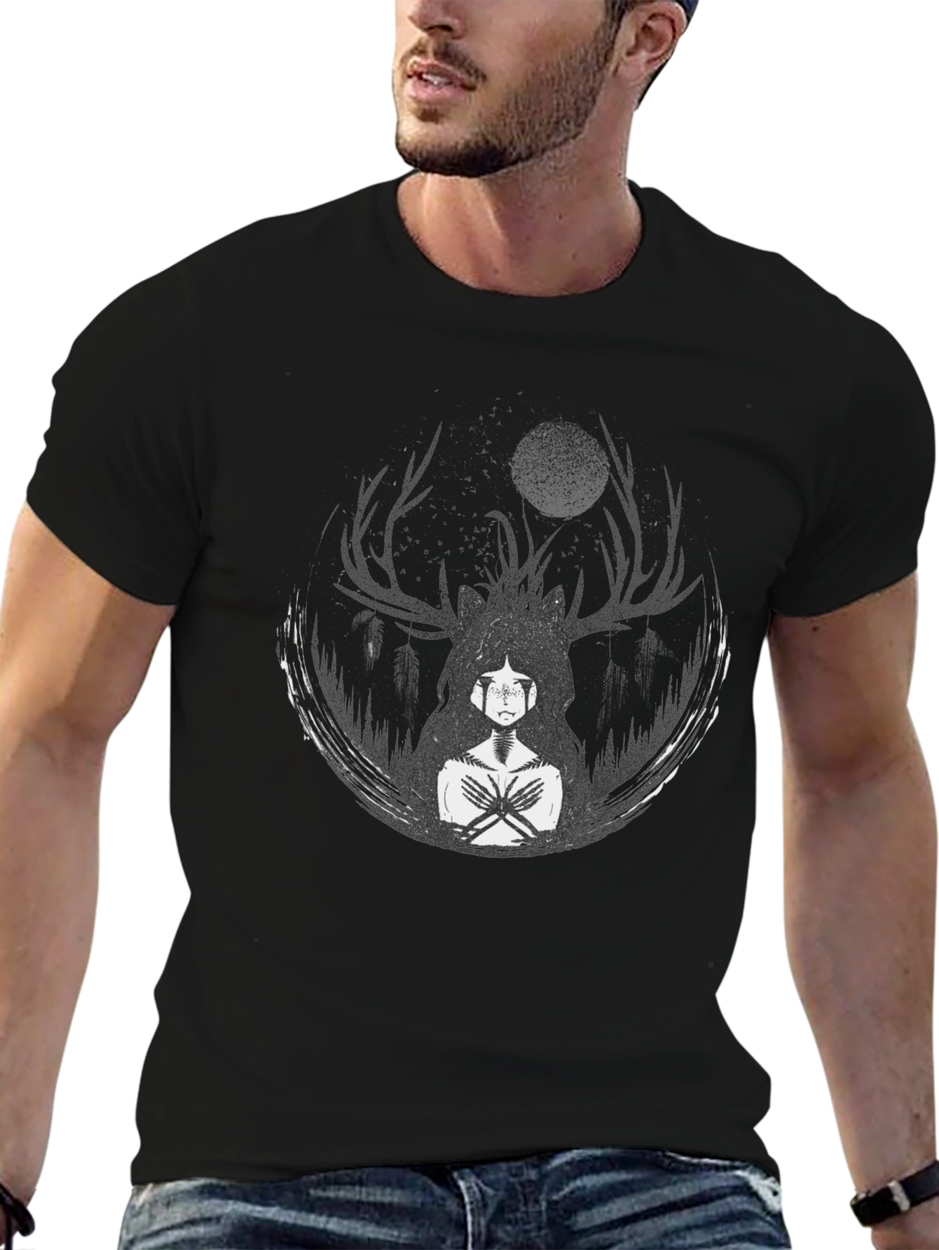 Ethereal Deer Spirit Graphic Tee - Black