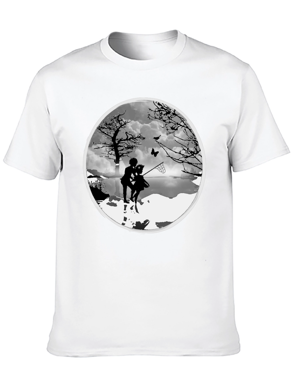 Silhouette Couple Catching Butterfly Black T-Shirt