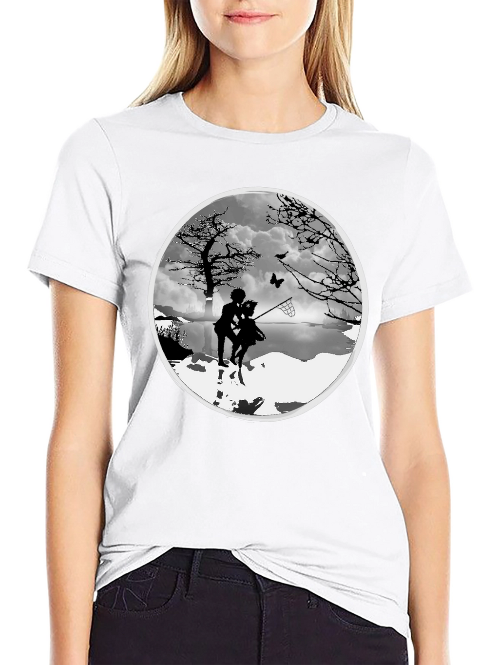 Silhouette Couple Catching Butterfly Black T-Shirt