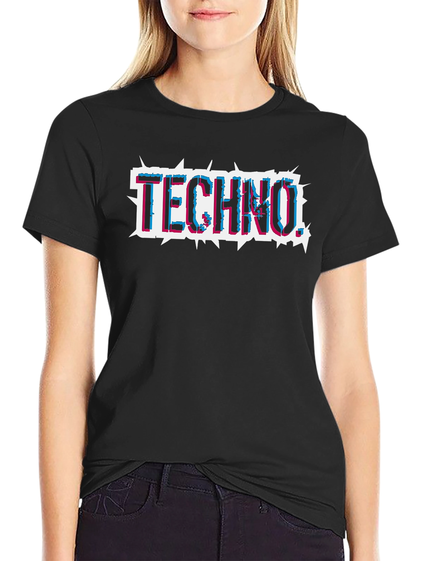 Techno Glitch Style Black T-Shirt