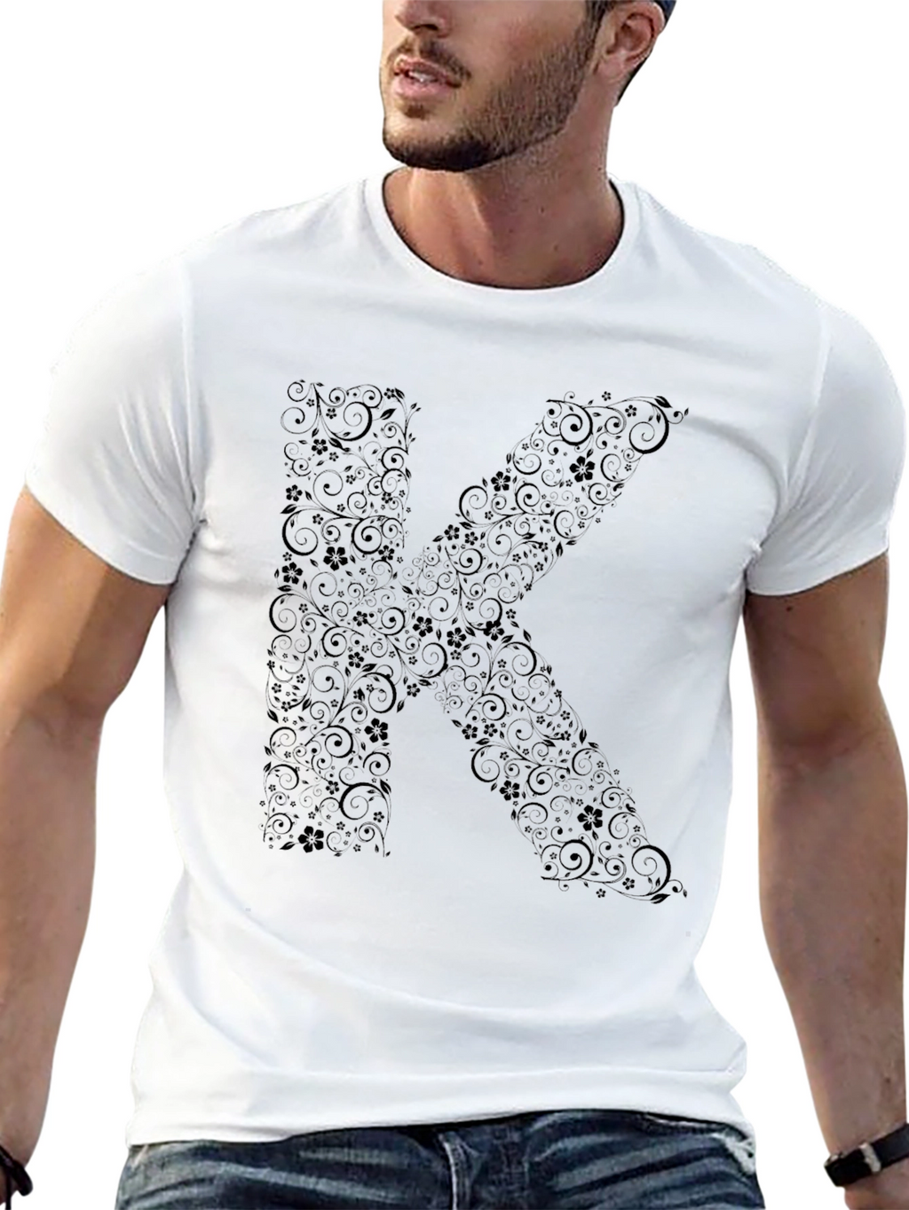 Floral Letter K Black T-Shirt