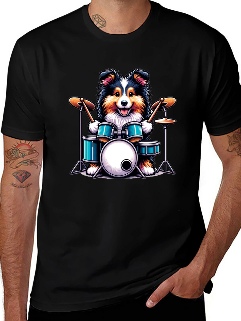 Dog Drummer Graphic Tee - Black Cotton T-Shirt