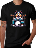Dog Drummer Graphic Tee - Black Cotton T-Shirt