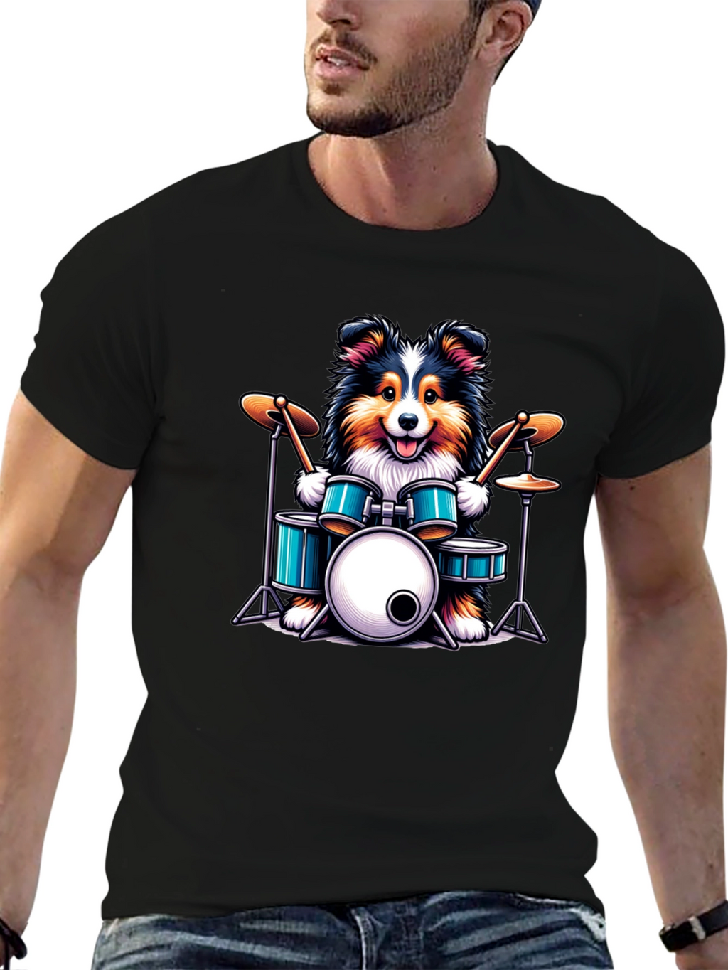 Dog Drummer Graphic Tee - Black Cotton T-Shirt