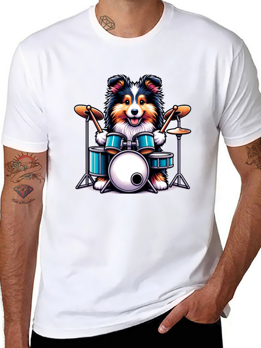 Dog Drummer Graphic Tee - Black Cotton T-Shirt