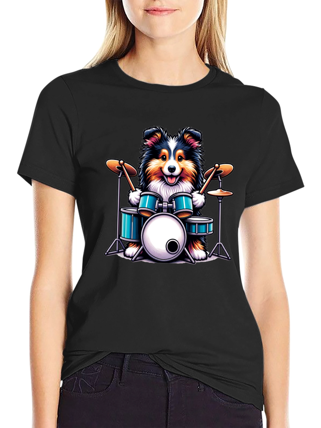 Dog Drummer Graphic Tee - Black Cotton T-Shirt