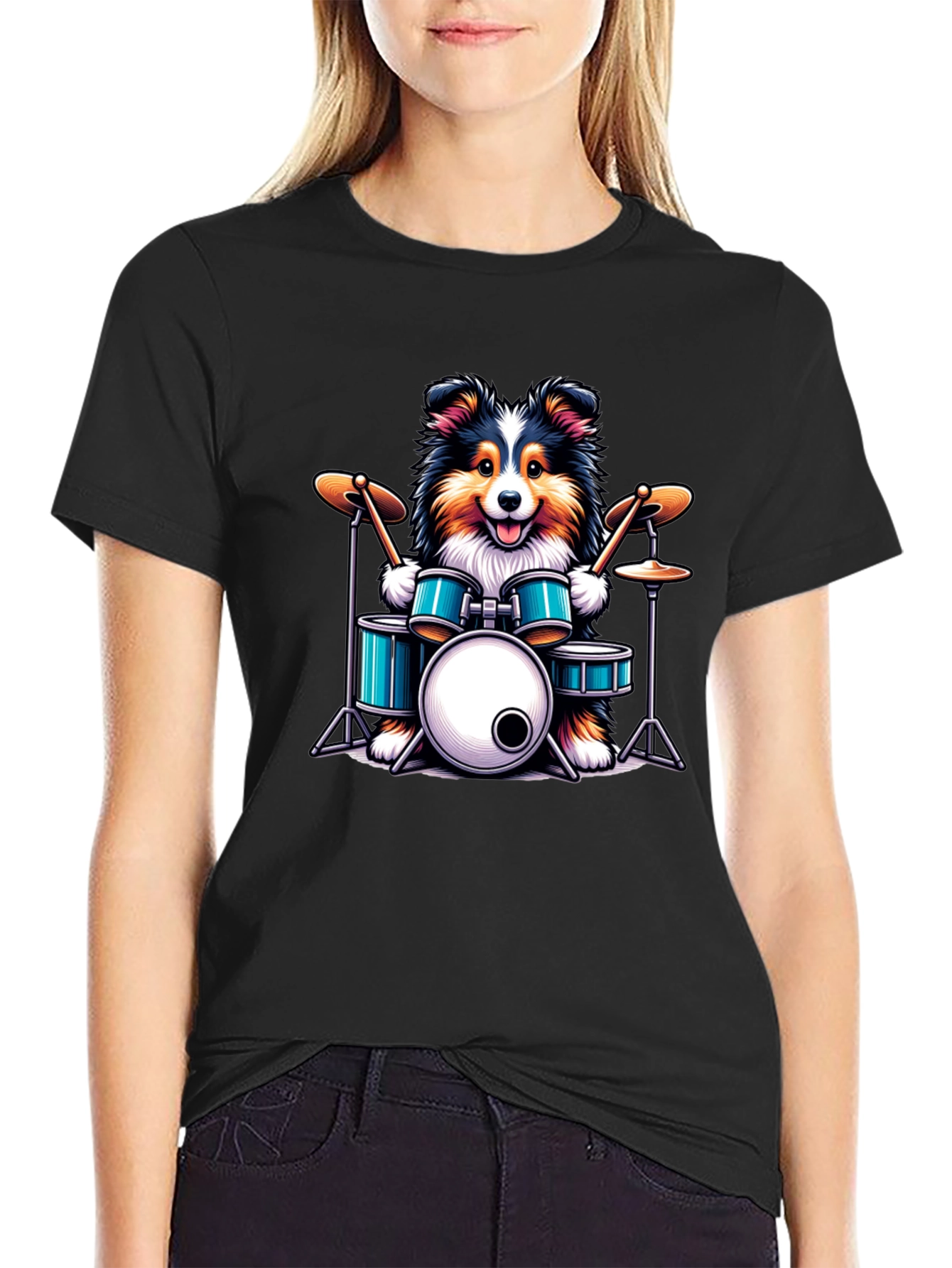Dog Drummer Graphic Tee - Black Cotton T-Shirt