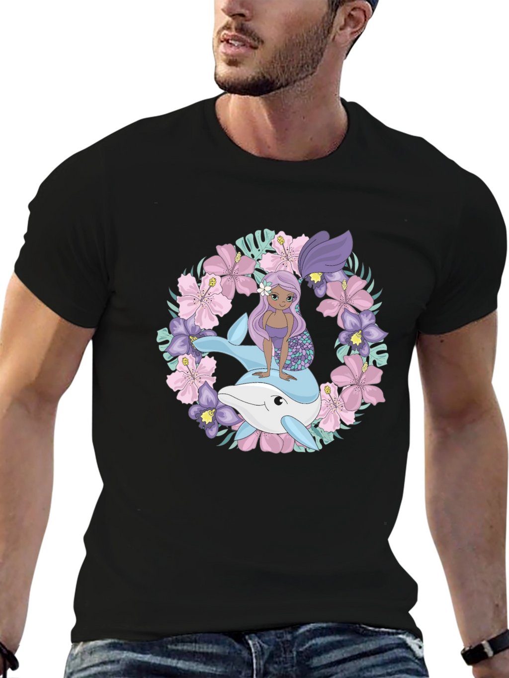 Mermaid & Dolphin Graphic Tee - Black