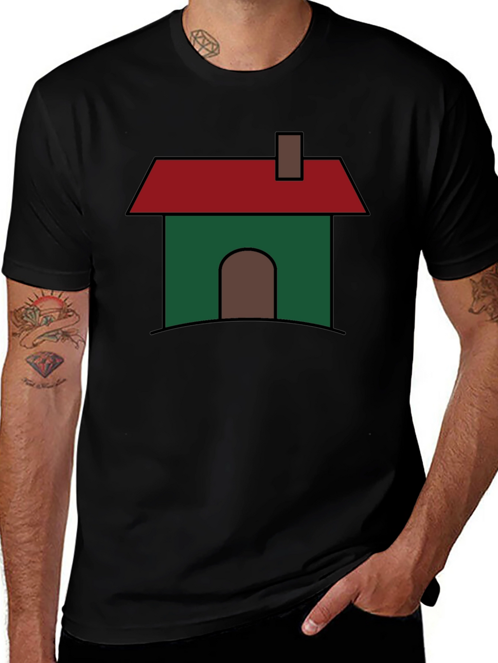 Cartoon House Graphic T-Shirt - Black Cotton Blend