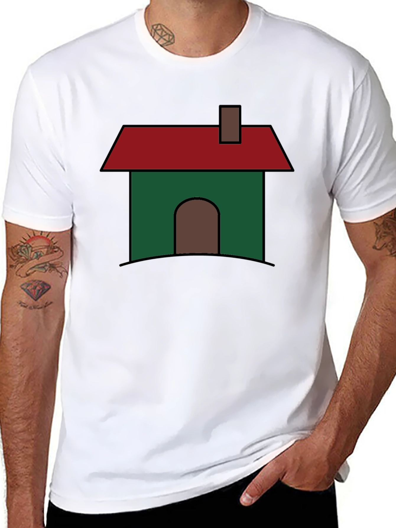 Cartoon House Graphic T-Shirt - Black Cotton Blend