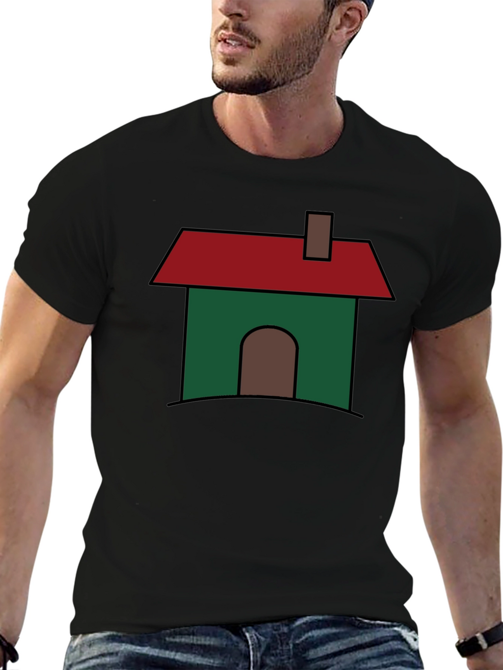 Cartoon House Graphic T-Shirt - Black Cotton Blend