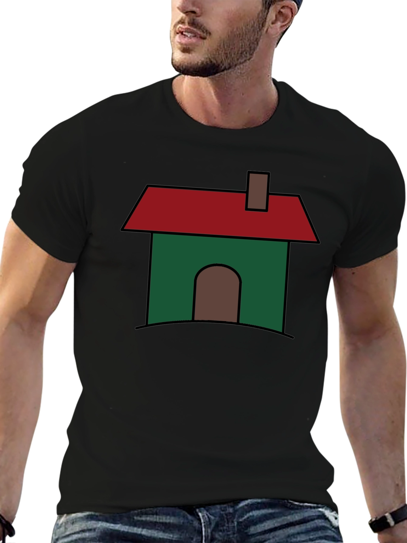 Cartoon House Graphic T-Shirt - Black Cotton Blend