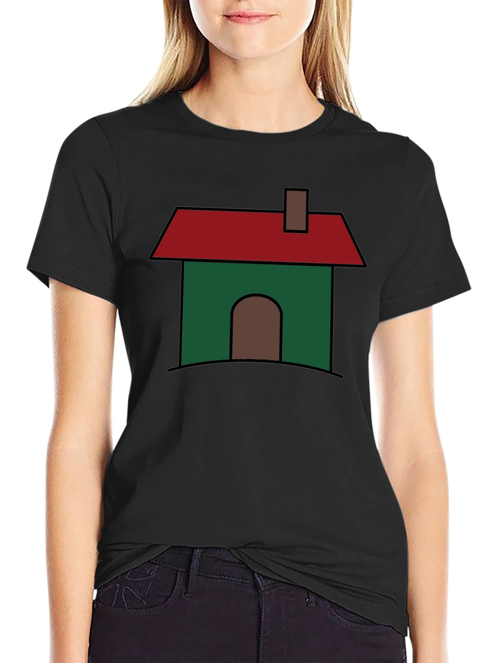 Cartoon House Graphic T-Shirt - Black Cotton Blend