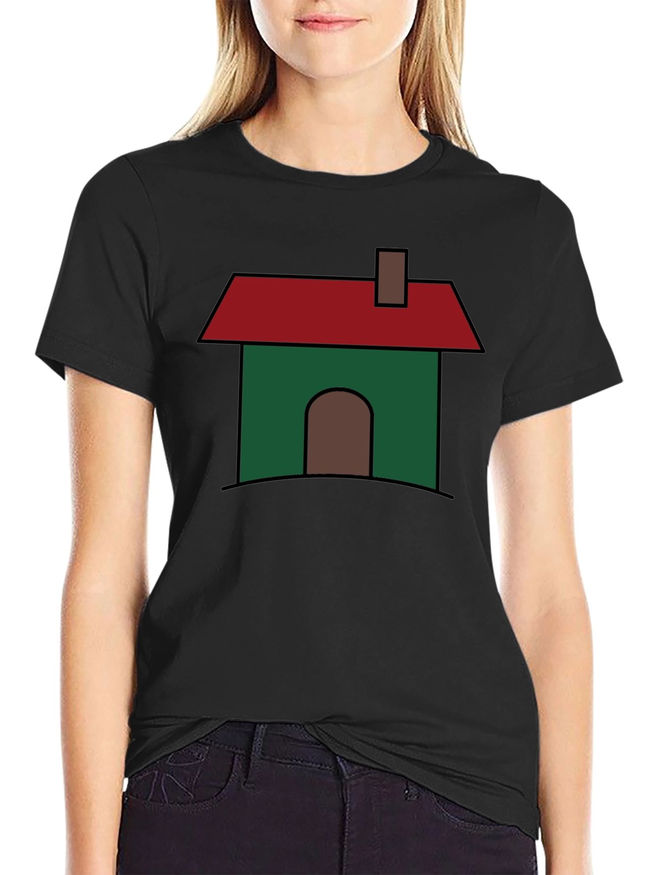 Cartoon House Graphic T-Shirt - Black Cotton Blend