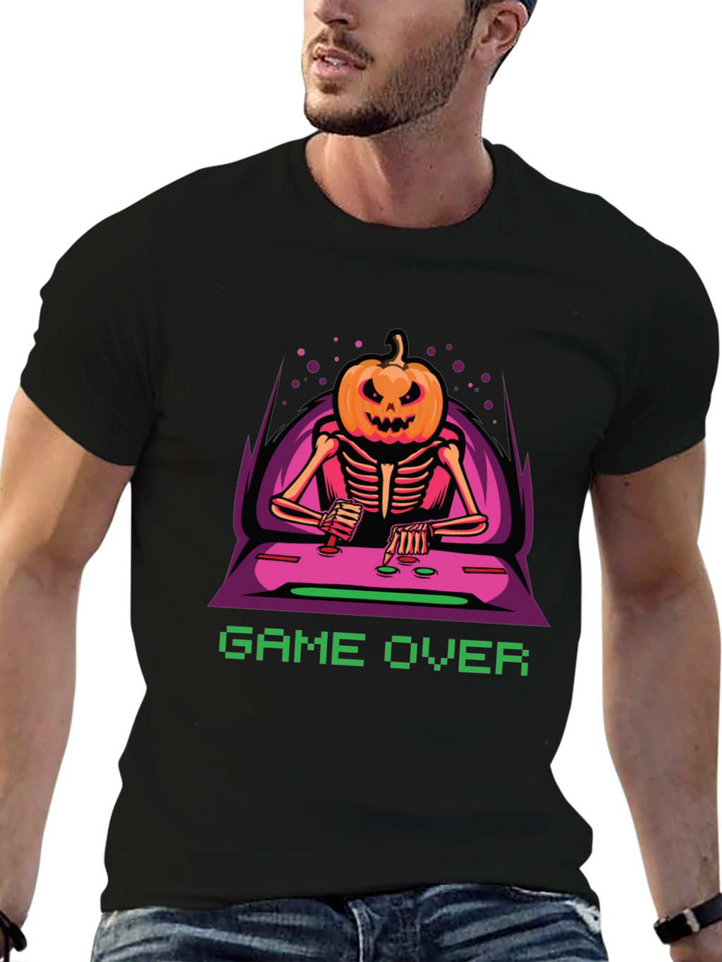 Game Over Pumpkin Skeleton Graphic Tee
